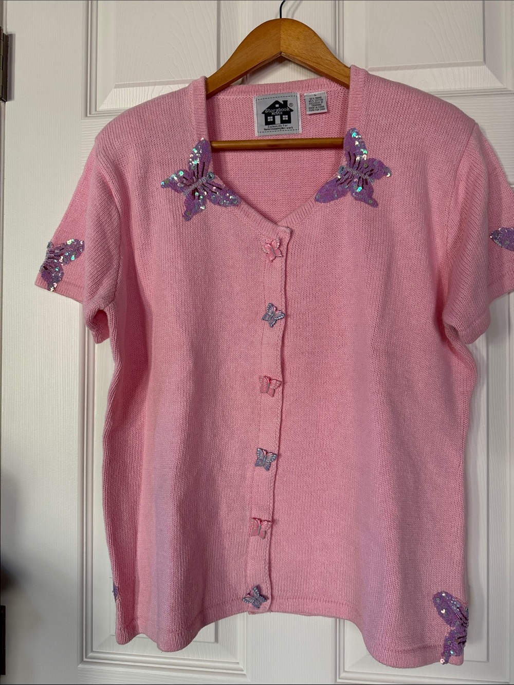 Vintage Storybook Knits Sequin Beaded Butterfly Pink Short Sleeve sweater